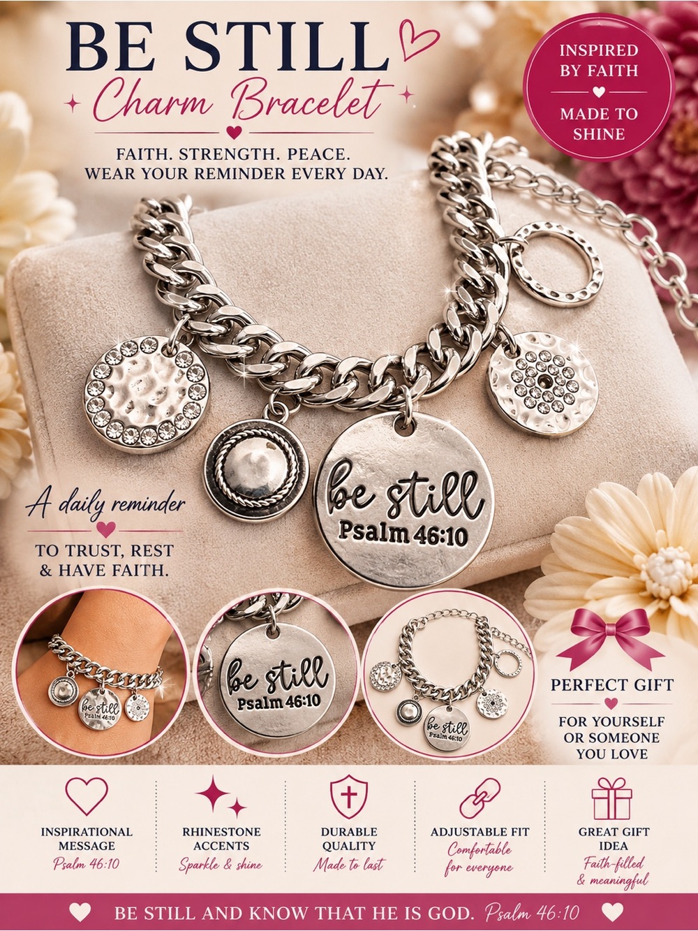 paparazzi Silver 'Be Still' Psalm 46:10 Charm Bracelet